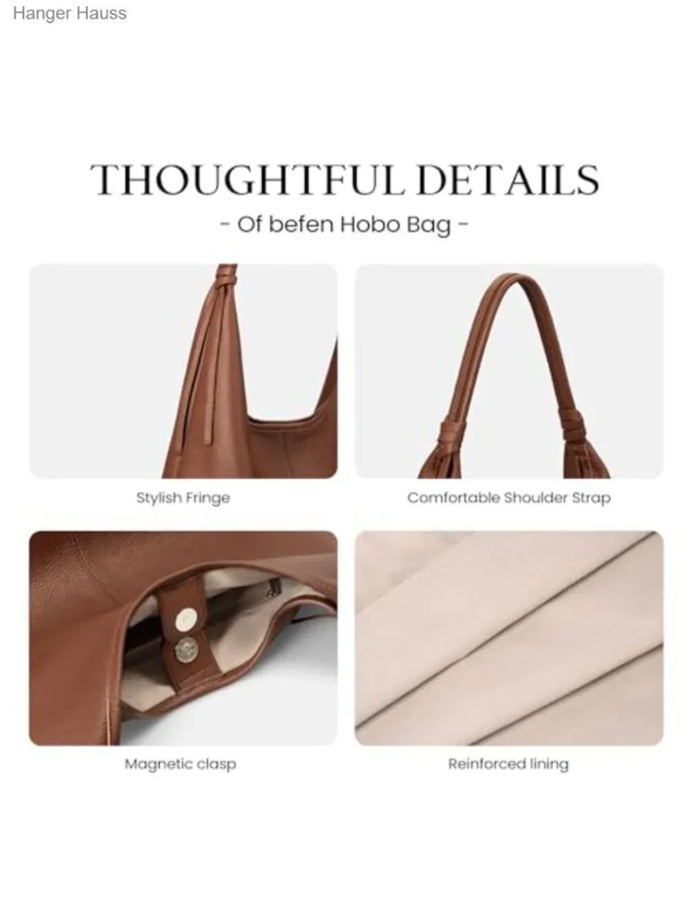 Genuine Leather Slouchy Hobo Handbag Tote with Tassel, Magnetic Closure,